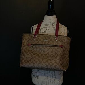 Coach Signature Brown Tote Bag with Red Handles